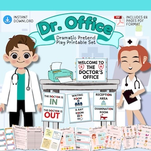 May include: Printable set for pretend play in a doctor's office. The set includes 68 pages of printable materials, such as signs for the waiting room, examination room, and reception area, as well as patient forms and a price list. The set also includes images of a doctor and a nurse.