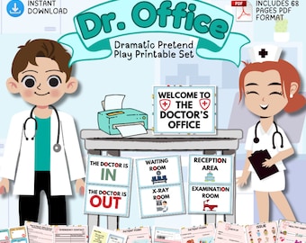 May include: Printable set for pretend play in a doctor's office. The set includes 68 pages of printable materials, such as signs for the waiting room, examination room, and reception area, as well as patient forms and a price list. The set also includes images of a doctor and a nurse.