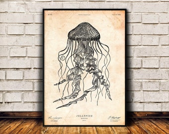 Väggkonst med maneter, tryck med havsliv, nautisk dekor, tryck med strandhus, vintageposter