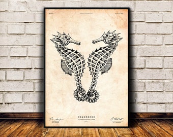 Sea horse print, Ocean art print, Beach house decor, Nautical wall art, Antique illustration