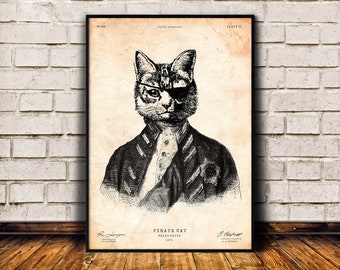 Pirate cat art print, Cat gifts, Cat in clothing, Vintage poster