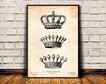 Crown art print, Vintage home decor, Gift for queen, King wall art, Retro decor, Victorian art