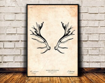 Arte de parede com chifres de veado, Decoração de cabana, Impressão de veado, Presente para amantes de animais, Impressão Giclée