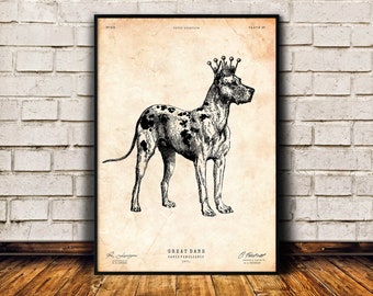 Great Dane art print, Dog lover gift, Animal print, Vintage illustration, Puppy wall art, Lodge decor