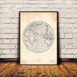 World map print, Travel poster, Vintage office decor, Antique map wall art, Lodge decor