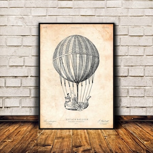 Hot air balloon print, Airship vintage picture, Steampunk decor, Antique engraving, Victorian print