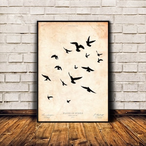 Bird flock print, Bird lover gift, Bird print, Cabin wall art, Antique decor