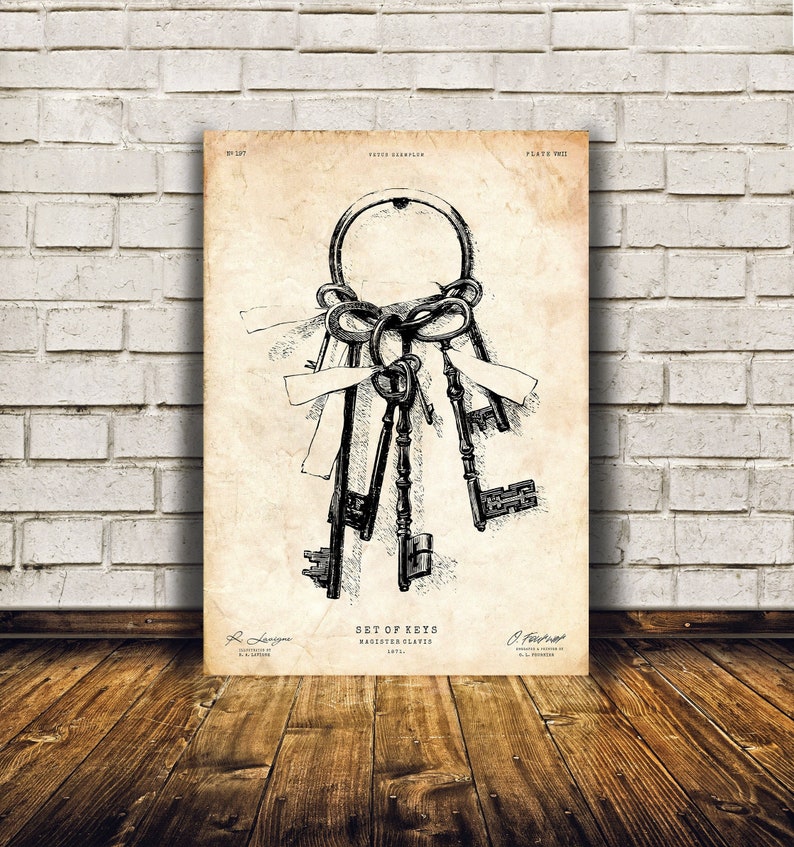 May include: A vintage black and white illustration of a set of keys. The keys are tied together with a ring and have various shapes and sizes. The image is labeled "Set of Keys, Magister Clavis, 1871."