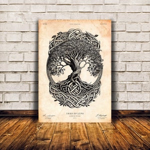 May include: A black and white illustration of a tree of life with intricate knotwork. The image is on a vintage-style paper with the text "TREE OF LIFE" and "LIGONIER VINE 1871."