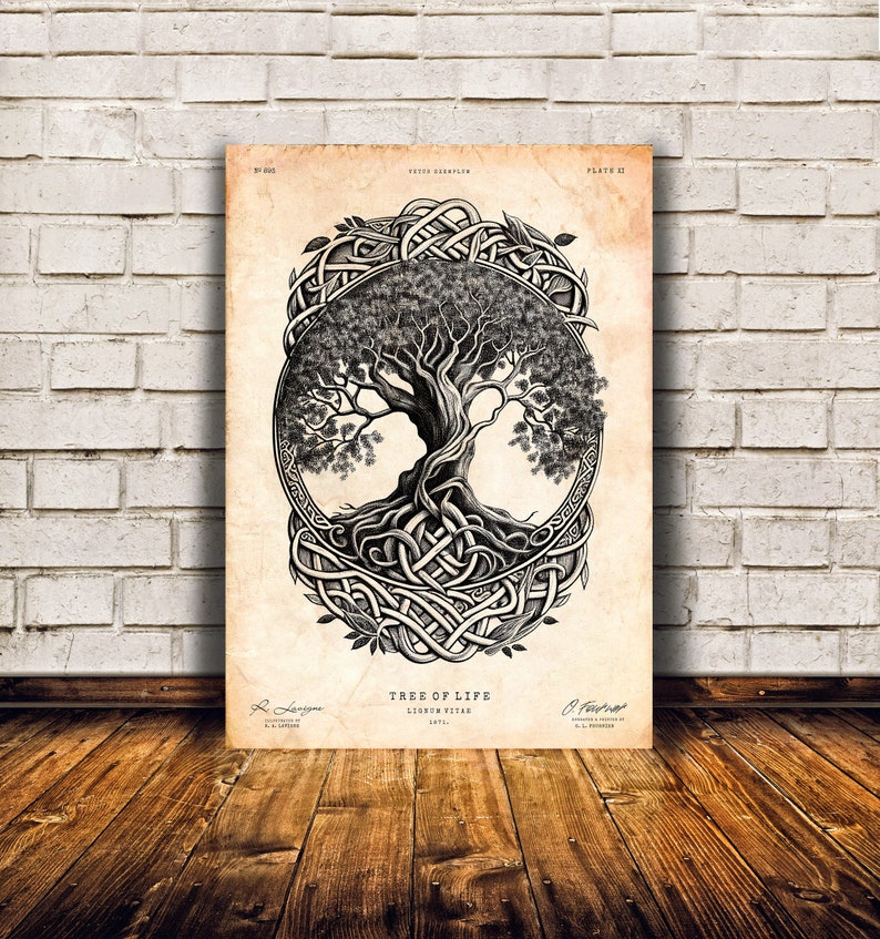 May include: A black and white illustration of a tree of life with intricate knotwork. The image is on a vintage-style paper with the text "TREE OF LIFE" and "LIGONIER VINE 1871."