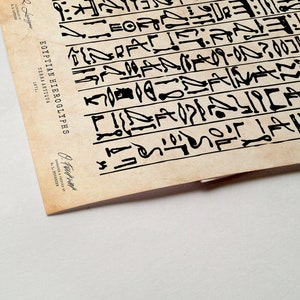 Peut inclure: Un papier vintage de couleur cr&egrave;me avec de l'encre noire repr&eacute;sentant des hi&eacute;roglyphes &eacute;gyptiens. Le texte "EGYPTIAN HIEROGLYPHS" est imprim&eacute; verticalement sur le c&ocirc;t&eacute; gauche du papier. Le texte "LIBRA ANTIOUA" est imprim&eacute; en dessous. Le texte "SEPTL." est imprim&eacute; en dessous. Le papier est l&eacute;g&egrave;rement enroul&eacute; dans le coin inf&eacute;rieur droit.