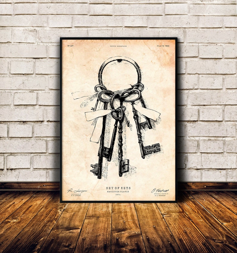 May include: A vintage black and white illustration of a set of keys on a ring. The image is from a patent drawing and includes the text "SET OF KEYS, MAGISTER CLAVIS, 1871."