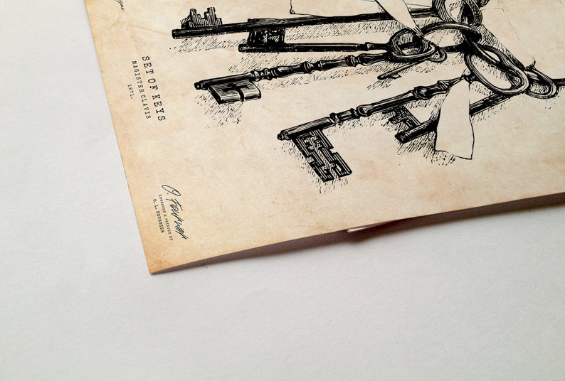 May include: A vintage illustration of a set of keys, with the text "SET OF KEYS" and "MAGISTER CLAVIS" printed on the page. The illustration is in black and white and has a distressed, aged look.