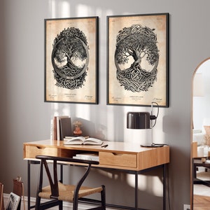 May include: Two black framed prints of a tree of life design with intricate knotwork and a vintage background. The prints are hanging on a gray wall above a wooden desk with a black chair.