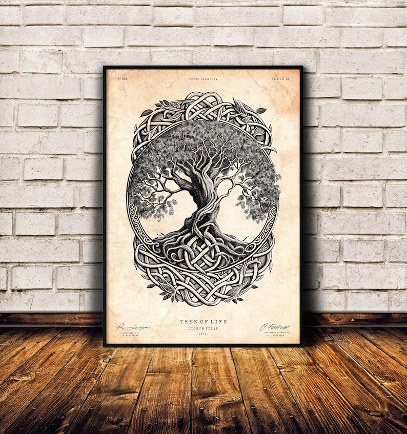 May include: A black and white illustration of a tree of life with intricate knotwork and leaves. The image is titled "Tree of Life" and includes the text "Lichten Vitae" and "INTL."