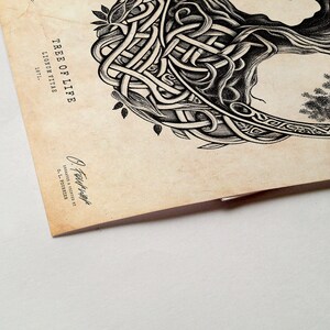 May include: A black and white illustration of a tree of life with intricate knotwork and leaves. The image is on a vintage-looking paper with the text "TREE OF LIFE" and "LIONON VITAE" in a decorative font.