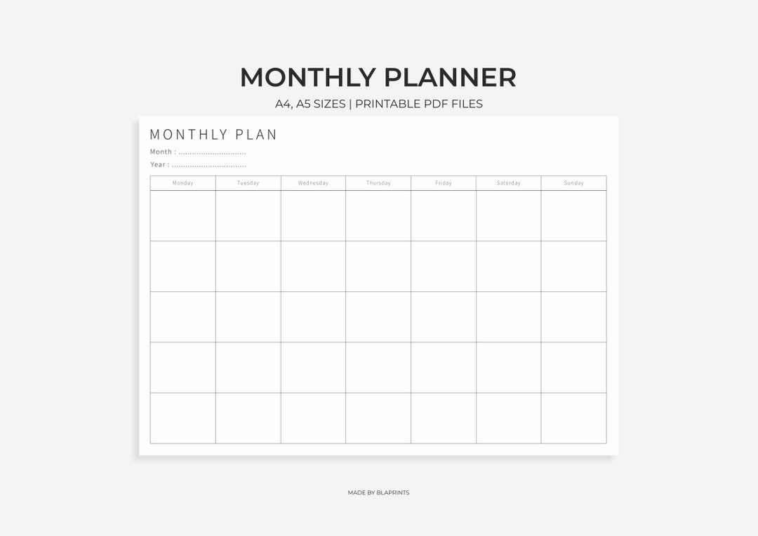 Printable Monthly Planner: A4 A5 Sizes (digital Download) - Etsy Australia