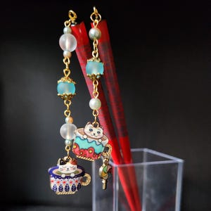 Pair of Teacup Cat and Candy Charm Hair Sticks