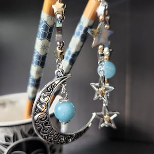 Paire de barrettes pour cheveux, pierres précieuses célestes, lune et étoiles