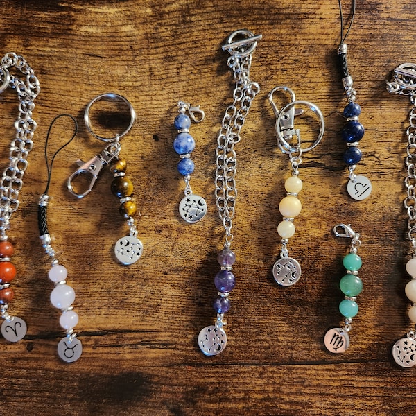 Customizable Zodiac Gemstone Accessories - Good Luck Charms for Key Rings, Car Mirrors, Purse/Bag Decorations, and More