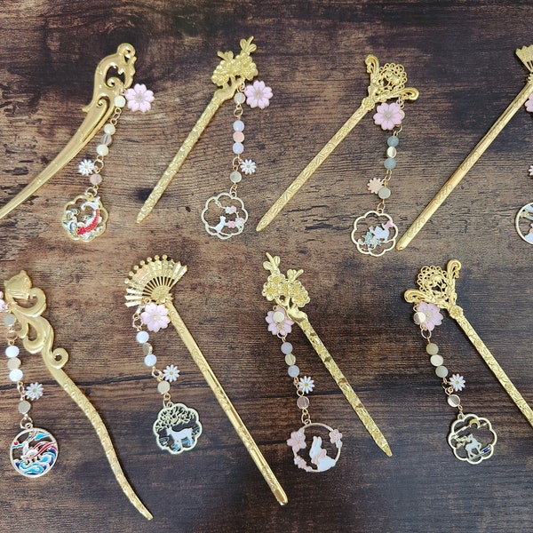 Sakura Blossom Gold Hairsticks - With Gemstone Accents and Cat, Rabbit, or Deer Charms