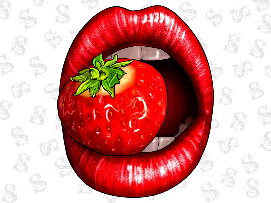 Red Lips Biting A Strawberry Png Sublimation Designhand Drawn Etsy