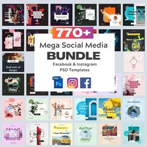 Può includere: Un collage di modelli di post sui social media colorati per Facebook e Instagram. I modelli presentano vari design e testi, tra cui "Creative Portfolio Projects", "Real taste of Burger", "About /Me/", "Travel", "Mood Board", "Get Noure", "Desserts", "Traveler Stories", "Guides", "Author /lam/", "Live Stream", "Mans Collection", "Fashion Week", "Floaty", "New Video", "Interior Design", "Lifestyle Stories", "Subscribe" e "770+ Mega Social Media Bundle".