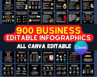 May include: A collage of 24 black and white squares with text and illustrations. The squares are arranged in a grid pattern. The text in the squares is about business, entrepreneurship, and success. The illustrations are of people, money, and other business-related objects. The text "900 BUSINESS EDITABLE INFOGRAPHICS ALL CANVA EDITABLE Canva" is at the top of the collage.