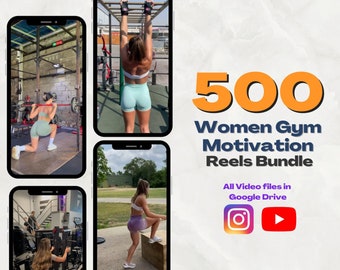 May include: A collection of 500 motivational videos for women's gym workouts. The videos are available on Google Drive and can be shared on Instagram and YouTube. The image shows four different video clips of women exercising.