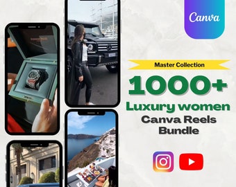 May include: A collage of images featuring a luxury watch, a woman in a black leather jacket, a car, and a scenic view. The text "Master Collection 1000+ Luxury women Canva Reels Bundle" is displayed in green and yellow. The Instagram and YouTube logos are also included. The text "2024" is displayed in white.