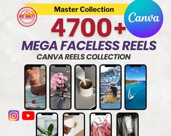 May include: A collection of 4700+  faceless reels for Canva. The image shows a variety of video clips, including a woman in a bikini on a beach, a bouquet of pink flowers, a cup of coffee with milk being poured into it, a woman in a yellow dress sitting on a stone wall, a sailboat on the ocean, a plant with green leaves, a hand holding a fork with a pancake on it, a pink bra, and a person holding a glass of water. The image also includes the text "Master Collection", "Canva", "MEGA FACELESS REELS", "CANVA REELS COLLECTION", and "2024".
