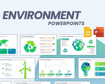 Puede incluir: Un conjunto de diapositivas de PowerPoint con esquemas de colores verde y azul. Las diapositivas presentan infografías sobre el medio ambiente, incluyendo el reciclaje, la energía, el transporte y más. Las diapositivas están diseñadas para ser utilizadas para presentaciones o informes sobre temas ambientales.