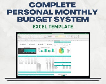 May include: A laptop computer screen displaying a spreadsheet with a personal monthly budget system template in Microsoft Excel. The spreadsheet includes sections for income, expenses, savings, and debt. The title of the spreadsheet is "Complete Personal Monthly Budget System Excel Template".