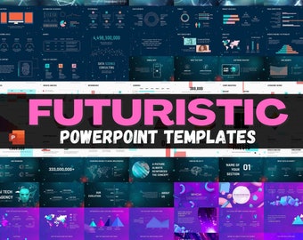 May include: A collection of futuristic PowerPoint templates with a blue and purple color scheme. The templates feature geometric shapes, lines, and text. The text includes the words "Futuristic PowerPoint Templates", "333,000,000+", "Evolution", "About Us", "Whoa!" and "Name of Your Section".