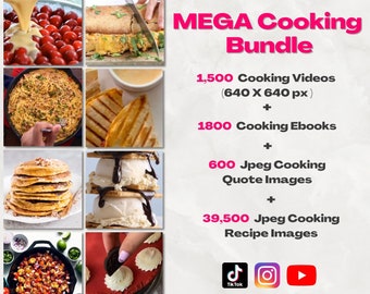 May include: A collage of images showcasing a cooking bundle that includes 1,500 cooking videos, 1,800 cooking ebooks, 600 JPEG cooking quote images, and 39,500 JPEG cooking recipe images. The images feature various food items, including pasta, tacos, pancakes, ice cream, and a red velvet cake.