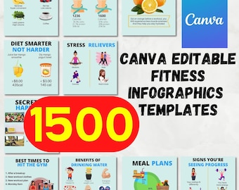 1500 種類のフィットネス & 健康 Canva インフォグラフィック バンドル | 完全に編集可能なテンプレート |