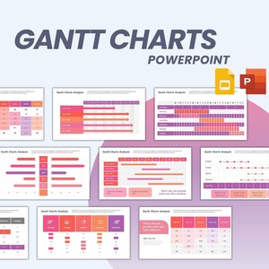 May include: A set of PowerPoint slides featuring colourful Gantt charts for project management. The slides showcase various chart styles and layouts, including timelines, bar charts, and tables. The text on the slides includes the phrase "Gantt Charts Analysis".