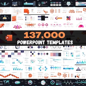 Könnte beinhalten: Eine Collage aus bunten PowerPoint-Vorlagen mit einer Vielzahl von Diagrammen, Grafiken und Schaubildern. Der Text "137.000 PowerPoint-Vorlagen" wird in großen, fetten, orangefarbenen Buchstaben angezeigt.