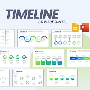 Puede incluir: Un conjunto de ocho diapositivas de PowerPoint con una plantilla de línea de tiempo. Las diapositivas presentan diferentes diseños y esquemas de colores, con cada diapositiva mostrando una línea de tiempo con años y etiquetas para diferentes etapas o eventos. Las diapositivas están diseñadas para ayudar a los usuarios a crear líneas de tiempo de aspecto profesional para presentaciones o informes.