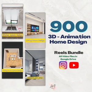 May include: An advertisement for a 3D animation home design bundle. The image showcases interior design renderings of a kitchen, living room, and children's room. Text includes "900 3D - Animation Home Design" and "Reels Bundle" with social media icons.