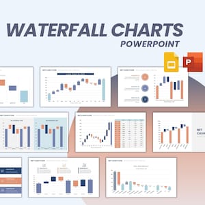 Pode incluir: Um modelo de apresentação PowerPoint intitulado "Waterfall Charts". A imagem exibe vários gráficos com esquemas de cores azul, laranja e cinza. Os gráficos são rotulados como "Net Cash Flow" e "Waterfall Chart Template".