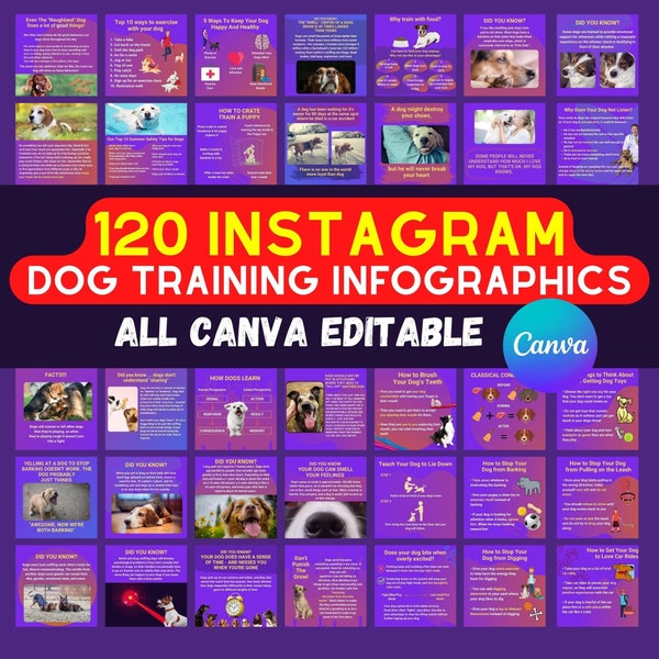 120 Dog Training Infographics for Instagram | Canva Editable Templates | Dog Infographics Instagram Post | Dog Training Infographics |