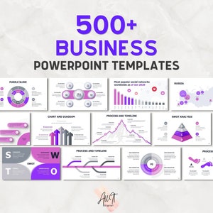 May include: A collection of business PowerPoint templates with a purple and white color scheme. The image displays various slide designs, including charts, diagrams, and SWOT analysis layouts. Text on the image reads "500+ BUSINESS POWERPOINT TEMPLATES."