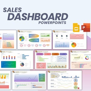 Puede incluir: Una colección de plantillas de paneles de ventas de PowerPoint. El título "SALES DASHBOARD POWERPOINTS" se muestra en la parte superior. Las plantillas presentan gráficos y visualizaciones de datos en varios colores, incluyendo azul, verde y naranja. Los iconos de PowerPoint están en la esquina superior derecha.