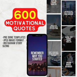 Puede incluir: Una colección de 600 citas motivacionales en una pancarta roja y amarilla con una pantalla de teléfono que muestra una cita que dice "Recuerda por qué empezaste". La pantalla del teléfono muestra una ciudad con una masa de agua en el fondo. Las citas son plantillas predefinidas en formato JPEG y dimensionadas para las historias de Instagram.