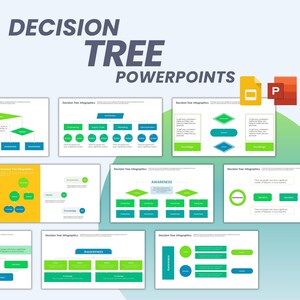 Pode incluir: Um conjunto de 10 slides do PowerPoint com infográficos de árvores de decisão. Os slides apresentam diagramas de árvores de decisão verdes, azuis e amarelos com rótulos de texto como "Consciência", "Conhecimento", "Decisão" e "Engenharia".