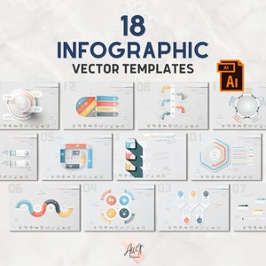 May include: A set of 18 infographic vector templates in a light gray background with colorful charts and graphs. The templates are numbered 1 through 18 and include a variety of chart styles, including pie charts, bar charts, line charts, and flow charts. The templates are designed to be used for presentations, reports, and other visual communication.