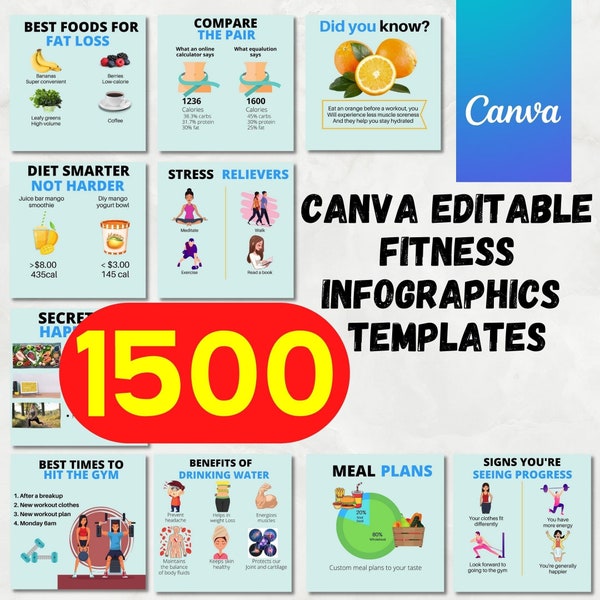 1500 Fitness & Health Canva Infographics Bundle | Fully Editable Templates |