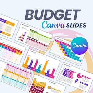 May include: A set of colorful budget Canva slides with charts, graphs, and tables. The slides feature a variety of data visualization techniques, including pie charts, bar graphs, and line graphs. The slides are designed to help users create professional-looking presentations for their budget planning needs.