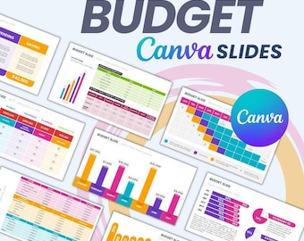 May include: A set of colorful budget Canva slides with charts, graphs, and tables. The slides feature a variety of data visualization techniques, including pie charts, bar graphs, and line graphs. The slides are designed to help users create professional-looking presentations for their budget planning needs.
